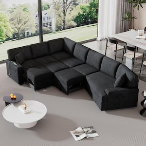 126 in. L-shaped Chenille Conversible Sectional Sofa in Blue-Black with Cup Holders, Pull-out Sofa Bed, Charging Station