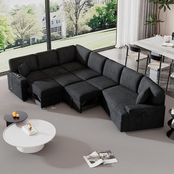 Harper & Bright Designs 126 in. L-shaped Chenille Conversible Sectional Sofa in Blue-Black with Cup Holders, Pull-out Sofa Bed, Charging Station