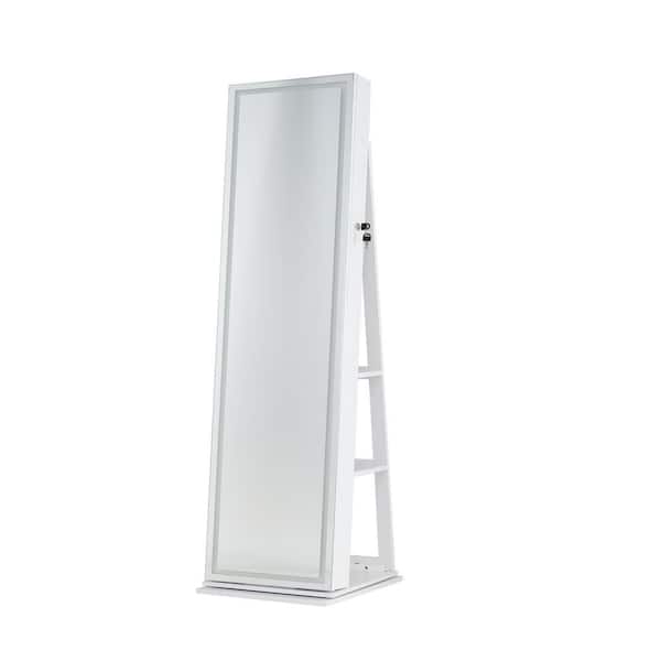 White Wooden 360° Swivel Jewelry Box with Lighted Full Length Mirror and Back Shelves