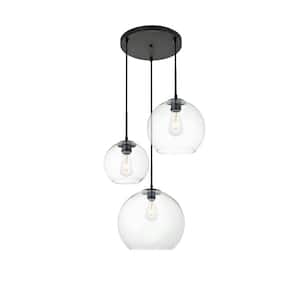 Timeless Home Burns 3-Light Black Pendant w/7.9 in./9.8 in./11.8 in. W x 7.1 in./8.9 in./10.6 in. H Clear Glass Shade
