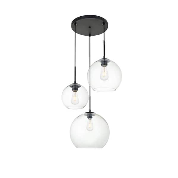 Unbranded Timeless Home Burns 3-Light Black Pendant w/7.9 in./9.8 in./11.8 in. W x 7.1 in./8.9 in./10.6 in. H Clear Glass Shade