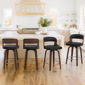 Edwards 26 in.Modern Black Faux Leather Swivel Bar Stool with Solid Walnut Wood Frame Bentwood Counter Stool Set of 4