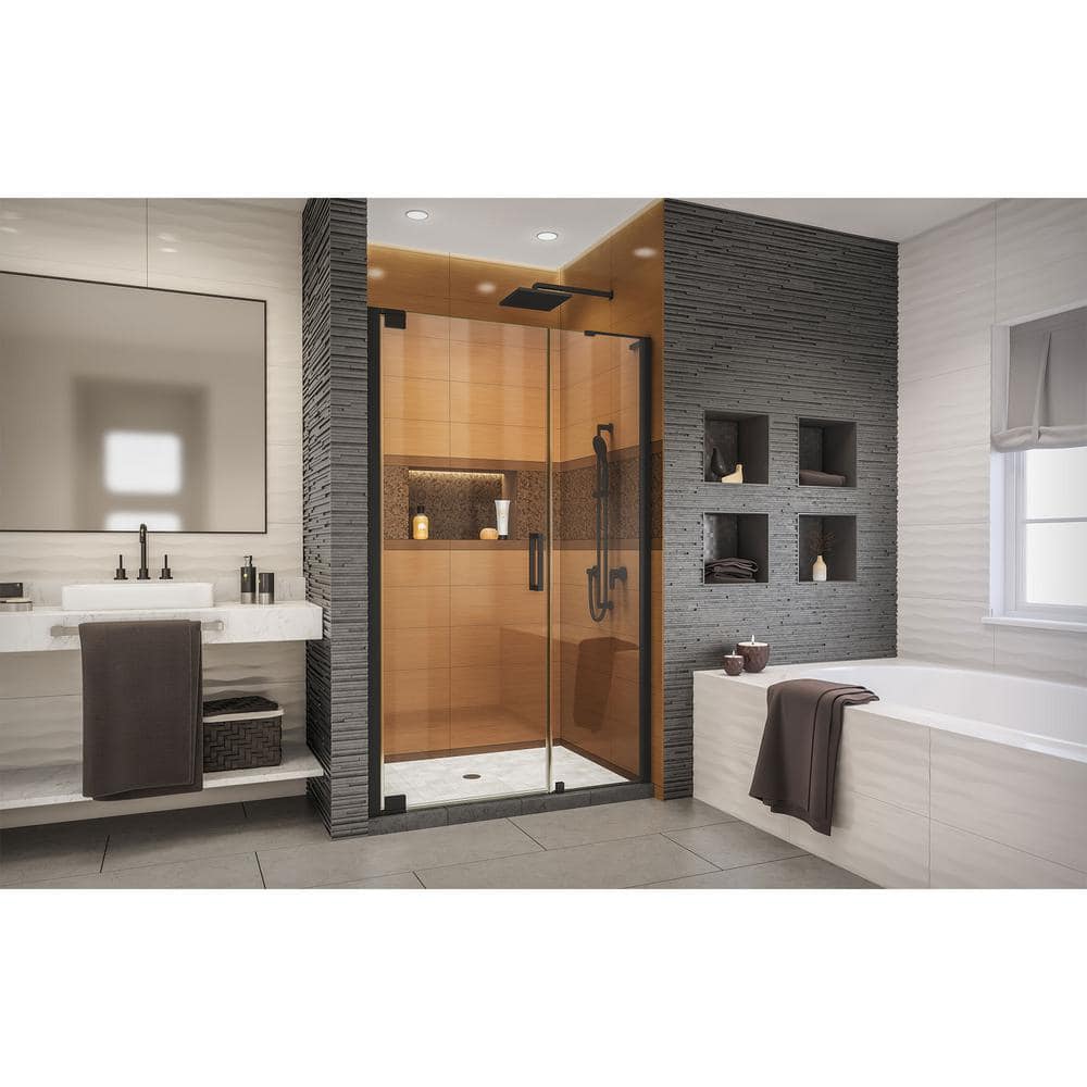 Elegance-LS 50-52" Matte Black Frameless Pivot Shower Door with Clear Glass
