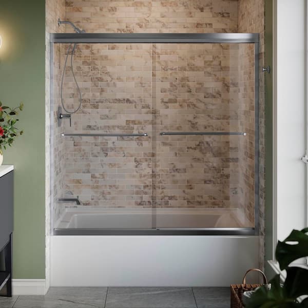 KOHLER Lively 57-60 in. W x 58 in. H Frameless Sliding Tub Door in Polished Silver with 1/4 in. Thick Crystal Clear Glass