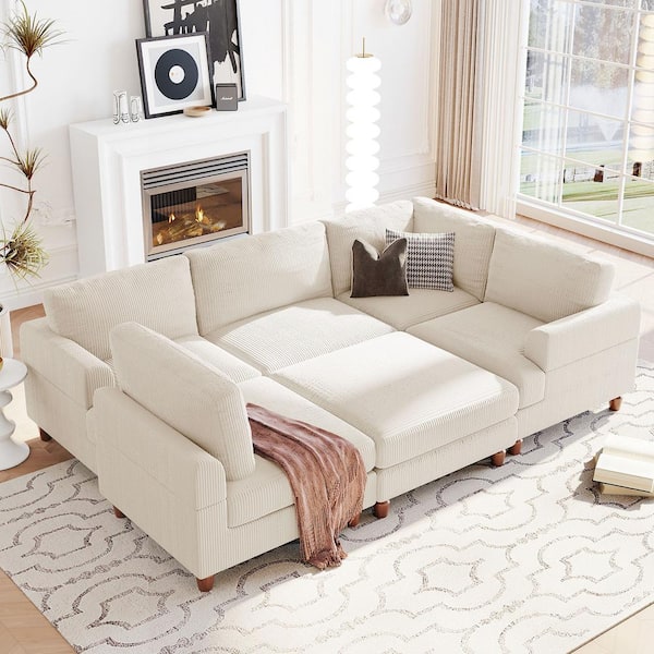 Harper & Bright Designs 97.2 in. Flared Arm 6-Piece Polyester Modular Sectional Sofa in Beige with Ottoman