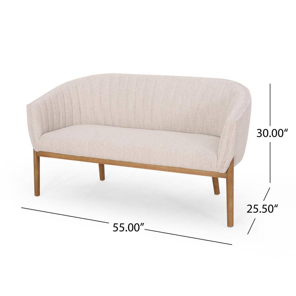 Mid-Century Beige Fabric Loveseat with Channel Stitching and Wood Frame