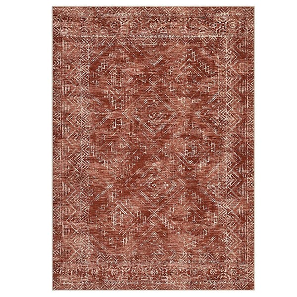 Red 4 ft. x 6 ft. Washable Vintage Distressed Bohemian Style Polyester Area Rug