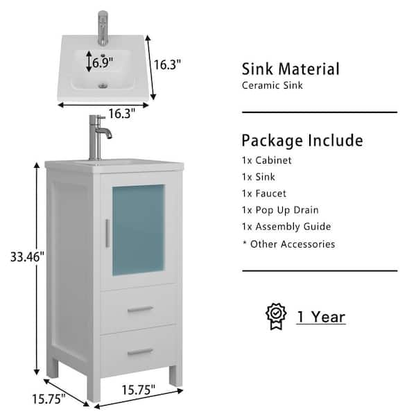 16 in. White Bathroom Sink Vanity Set, Minimalist Bathroom Vanity with White Ceramic Countertop and Sink