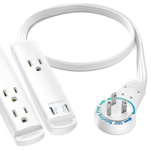 1 ft. 16/3 Light Duty Indoor Extension Cord 360° Rotating Flat Plug 2-Sided with USB, White