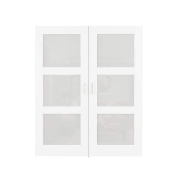 64 in. x 80 in. 3 Lite Frosted Glass White Solid Core Finished Glass Double Slab Door Panel Bi-Fold Door with Ball Catch