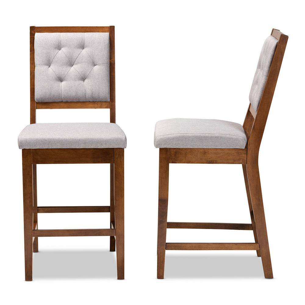 Elegant Grey Fabric and Walnut Brown Wood Counter Stool Set