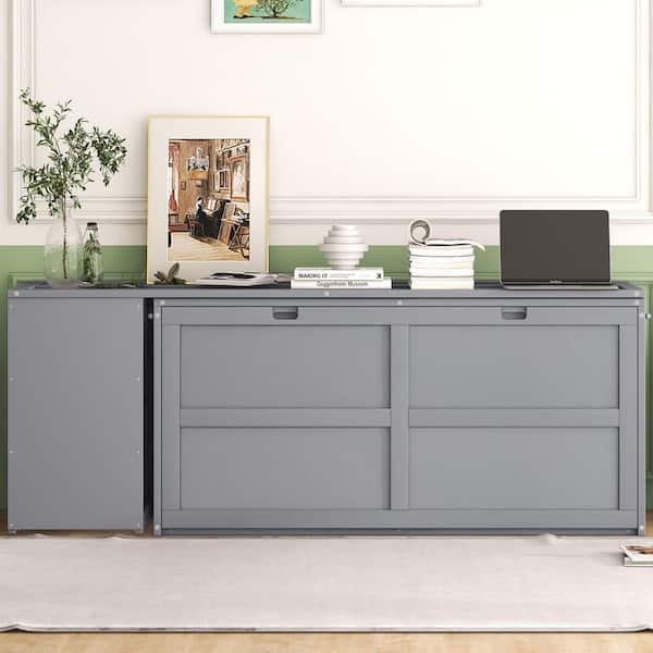 Gray Wood Frame Queen Size Murphy Bed with Rotatable Desk