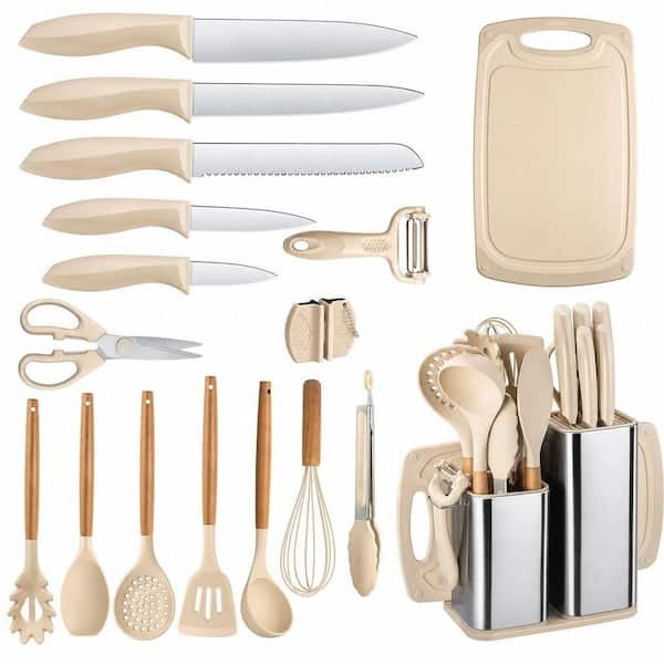 18-Piece Kitchen Utensil Knife Set, Heat Resistant Silicone Cooking Tools with Cutting Board and Storage Holder, Khaki