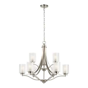 Elmwood 9-Light Brushed Nickel Modern Transitional Hanging Candlestick Chandelier with Satin Etched Glass Shades