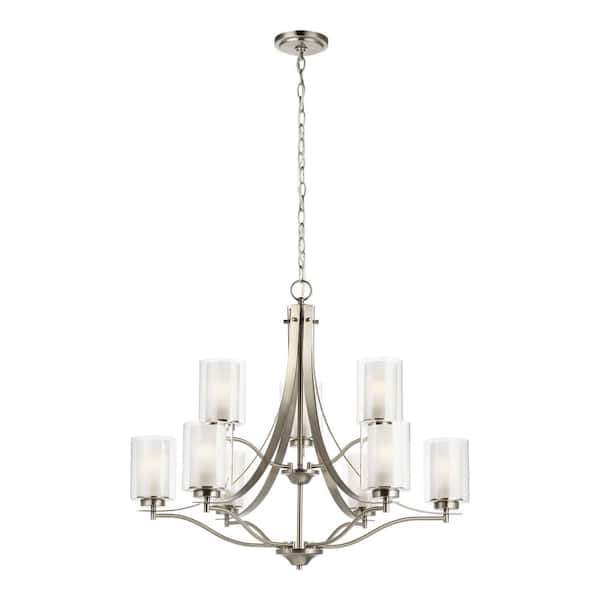 Generation Lighting Elmwood 9-Light Brushed Nickel Modern Transitional Hanging Candlestick Chandelier with Satin Etched Glass Shades