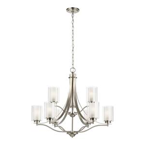 Elmwood 9-Light Brushed Nickel Modern Transitional Hanging Chandelier with Satin Etched Glass Shades and LED Bulbs