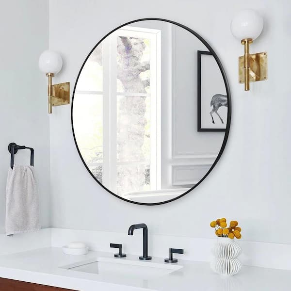 30 in. W x 30 in. H Round Black Frame Wall Mirror, Set of 2