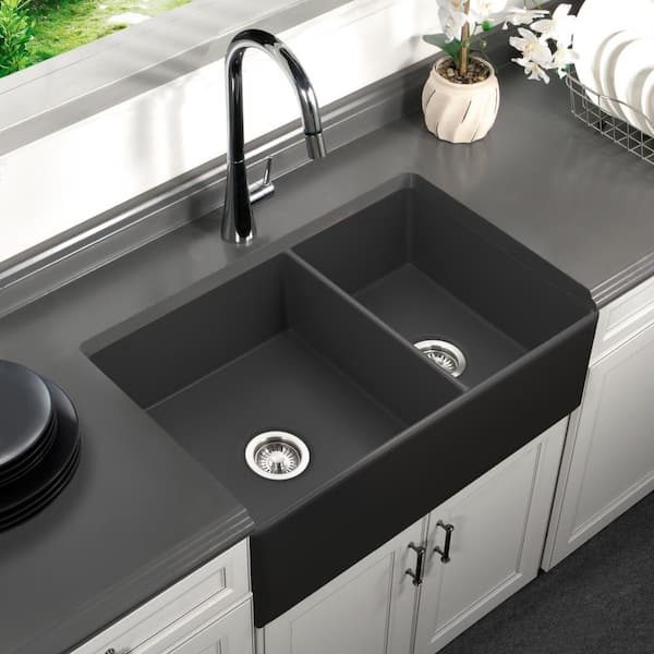 Rene 33 Fireclay Farmhouse Sink, 60/40 Double Bowl, White, R10