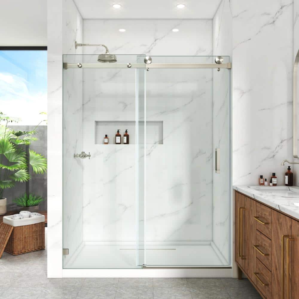 Frameless Shower Door, 50–54.5 in. W x 76 in. H, Single Sliding Door 3/8 in. Clear Tempered Glass, Brushed Nickel. price history on PriceWatchPro