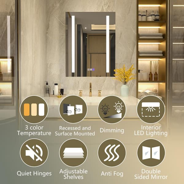 20 in. W x 26 in. H Rectangular Silver Aluminum Recessed/Surface Mount Medicine Cabinet with Mirror LED(Right Open)
