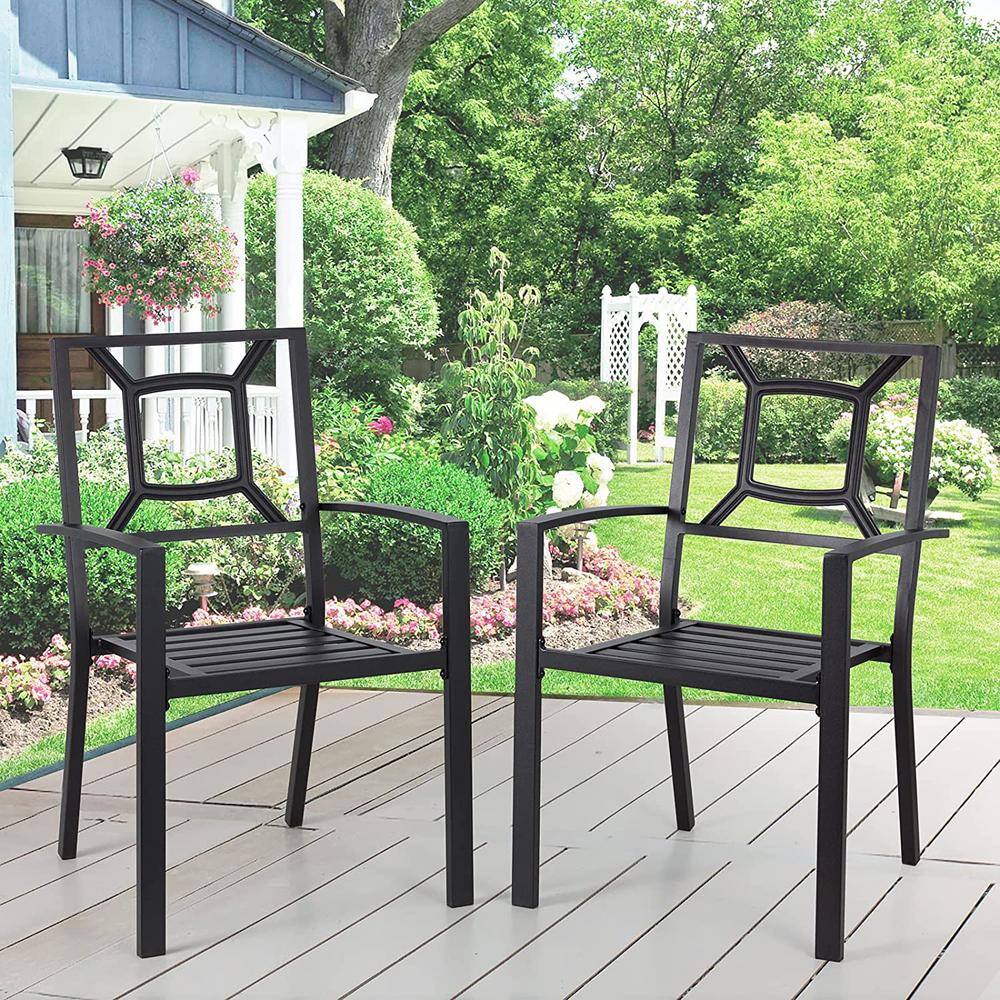 Black Steel Stackable Outdoor Dining Armchairs, Set of 6