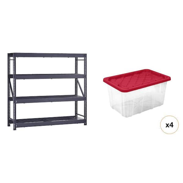 Black 4-Shelf Metal Industrial Garage Shelving Unit (77 in.x72 in.x24 in.) and 27 Gal. Clear Tote (2-Piece)