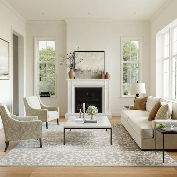 Jubilant Ivory/Grey 9 ft. x 12 ft. Floral Transitional Area Rug