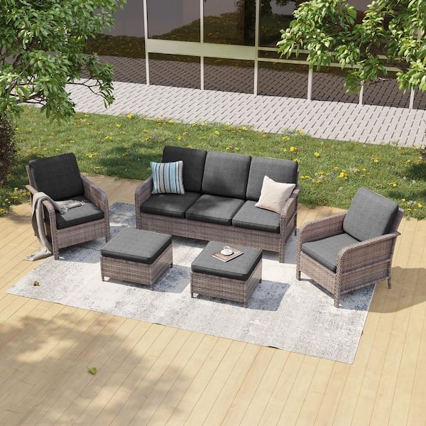 5-Piece Gray Wicker Patio Sofa Set Outdoor Conversation Set with 3-Seat Sofa Ottomans, Black Cushions
