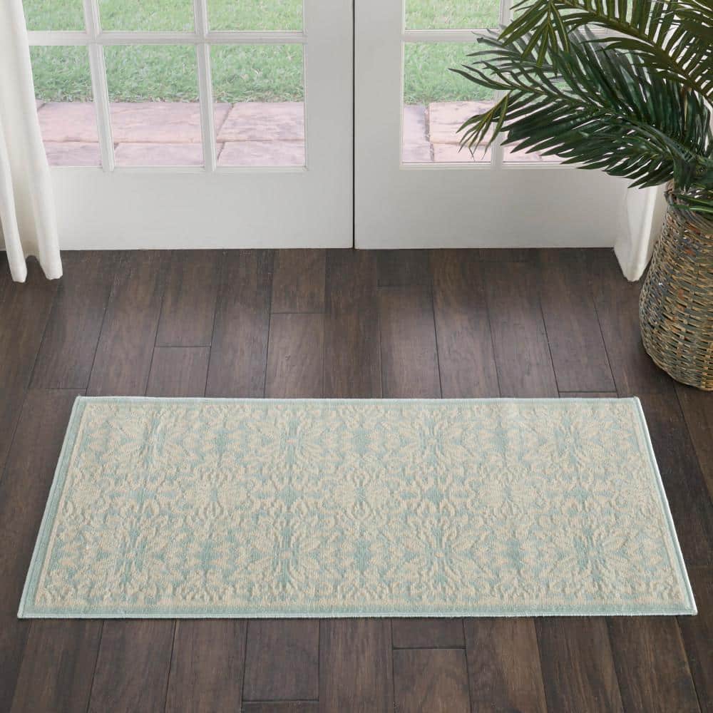 Ivory & Green Floral Synthetic 2' x 4' Easy-Care Rug