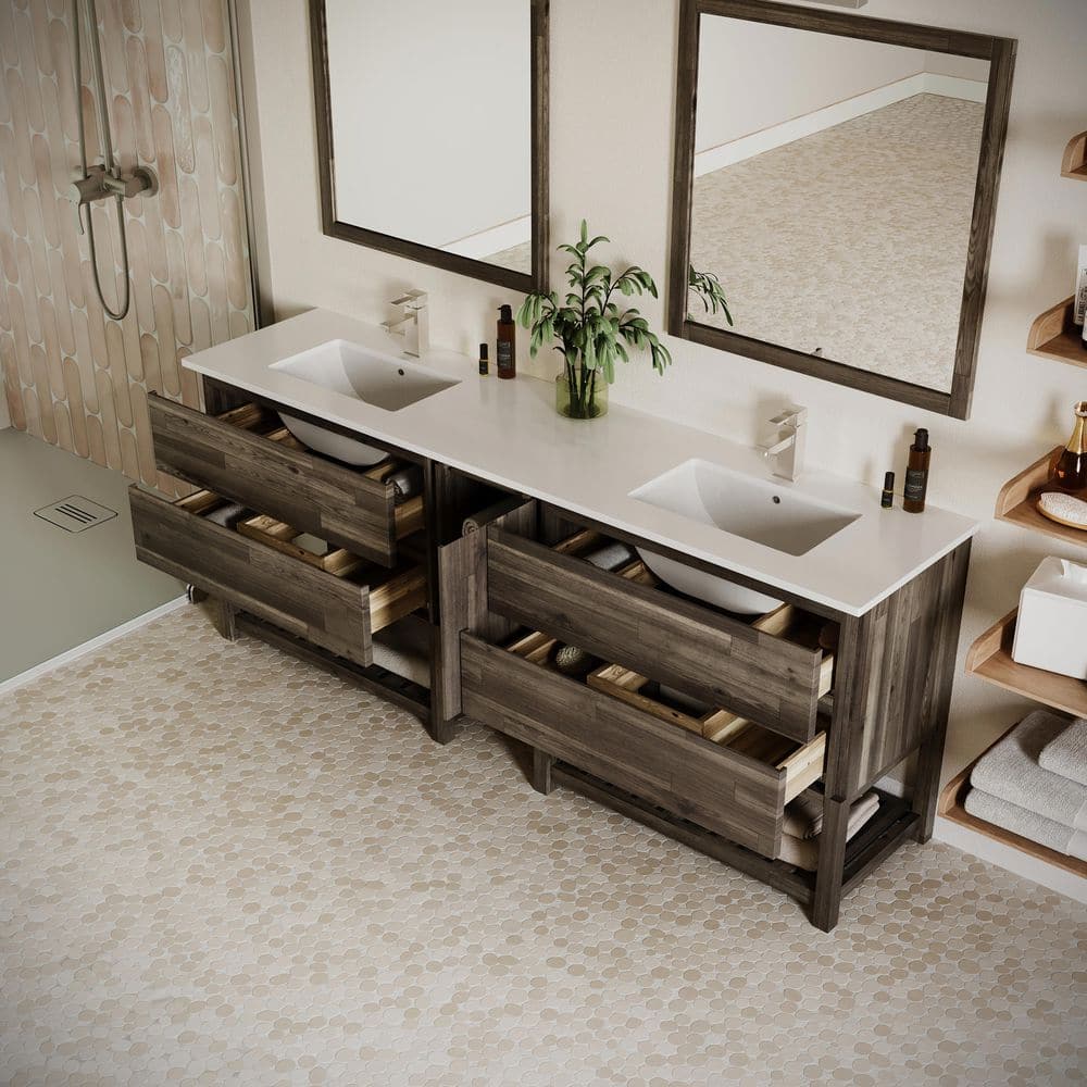 Acacia Wood 84" Double Sink Vanity with Quartz Top