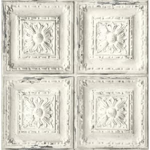 Distressed Tin Tile Off-White Geometric Vinyl Peel & Stick Wallpaper Roll (Covers 30.75 Sq. Ft.)