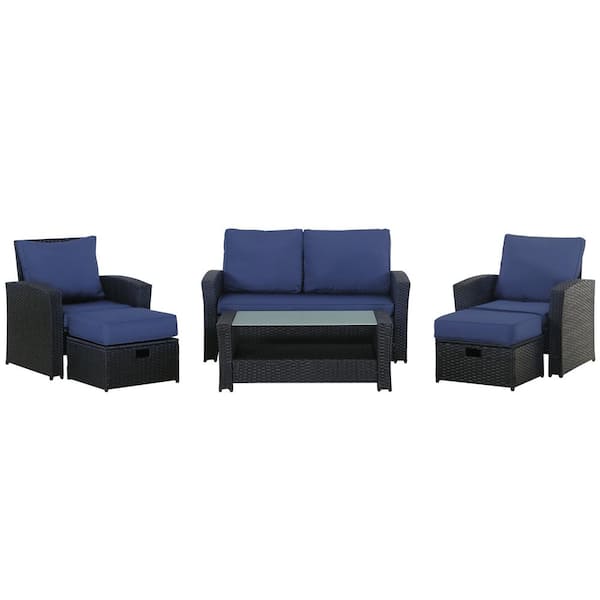 Tenleaf 6--Piece Black Wicker Outdoor Patio Sectional Sofa Conversation Set with Blue Cushions, Coffee Table