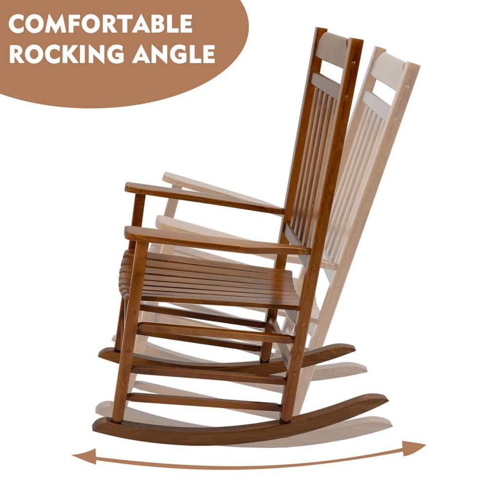 Natural Wood High Back Slat Outdoor Rocking Chair with Arms