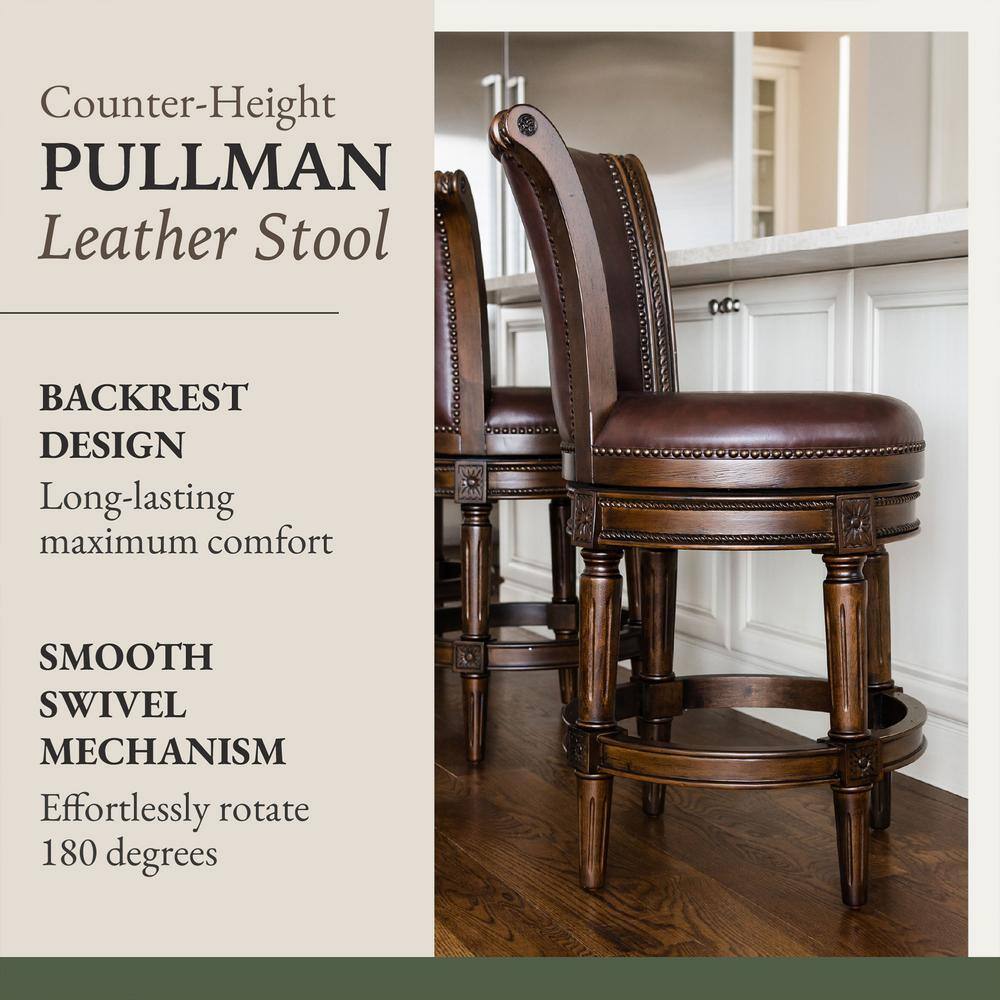 Dark Walnut Swivel Counter Stool with Brown Vegan Leather Upholstery