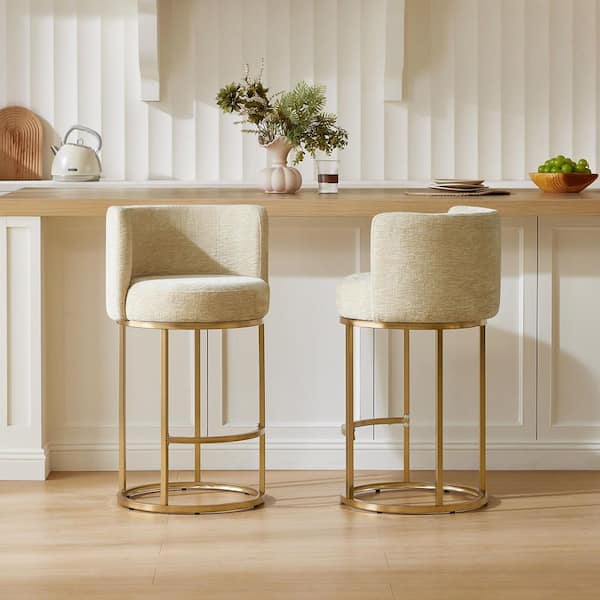 Keno 27 in. H Sand Barrel Back Metal Bar Stool with Fabric Seat, 360° Swivel, Footrest and Plush Cushion, Set of 2