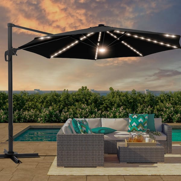 JOYESERY 11 ft. Round Aluminum Frame Outdoor Cantilever LED Umbrella Patio Umbrella 360° Rotation System in Black