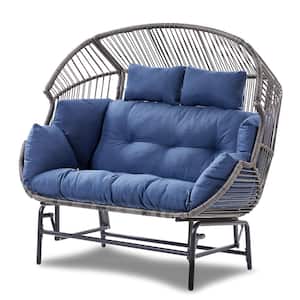 2-Seat Gray Wicker Egg Chair Patio Glider, Backyard Living Room Indoor/Outdoor Chaise Lounge with Blue Cushions