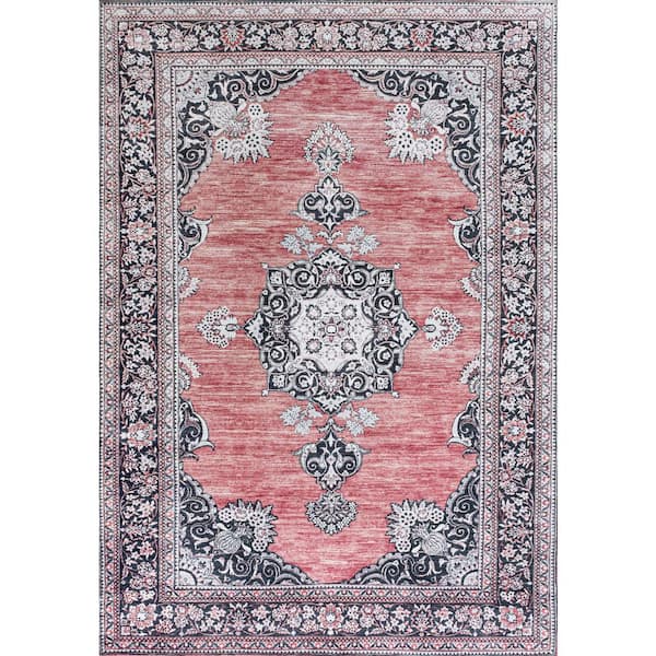 JONATHAN Y Bausch Bohemian Distressed Chenille Machine-Washable Dark Pink/Black/White 4 ft. x 6 ft. Area Rug