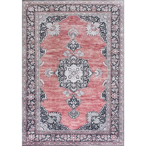 Bausch Bohemian Distressed Chenille Machine-Washable Dark Pink/Black/White 5 ft. x 8 ft. Area Rug