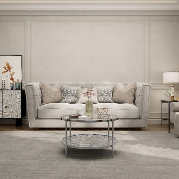 31.5 in. Silver Round Glass Top End Table Stainless Steel Frame Coffee Table 2-Tier Side Table