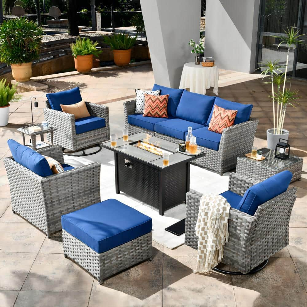 Hanes Gray 10-Piece Wicker Patio Fire Pit Sectional Seating Set with ...