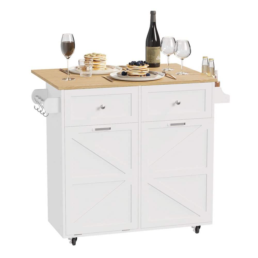 White/Natural Wood 35.4 in. W Kitchen Island Dining Table with Adjustable Shelves and Drawer and Spice and Tower Racks price history on PriceWatchPro