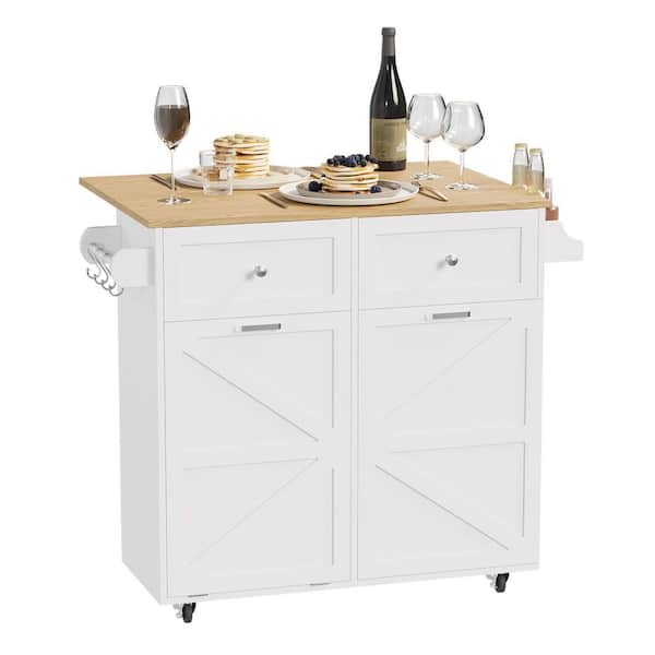 Puluomis White/Natural Wood 35.4 in. W Kitchen Island Dining Table with Adjustable Shelves and Drawer and Spice and Tower Racks