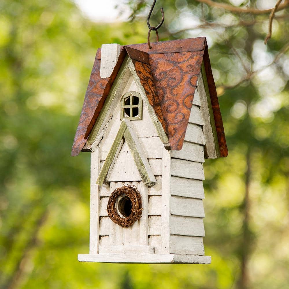 12" Weathered White Solid Wood Cottage Birdhouse with Metal Roof