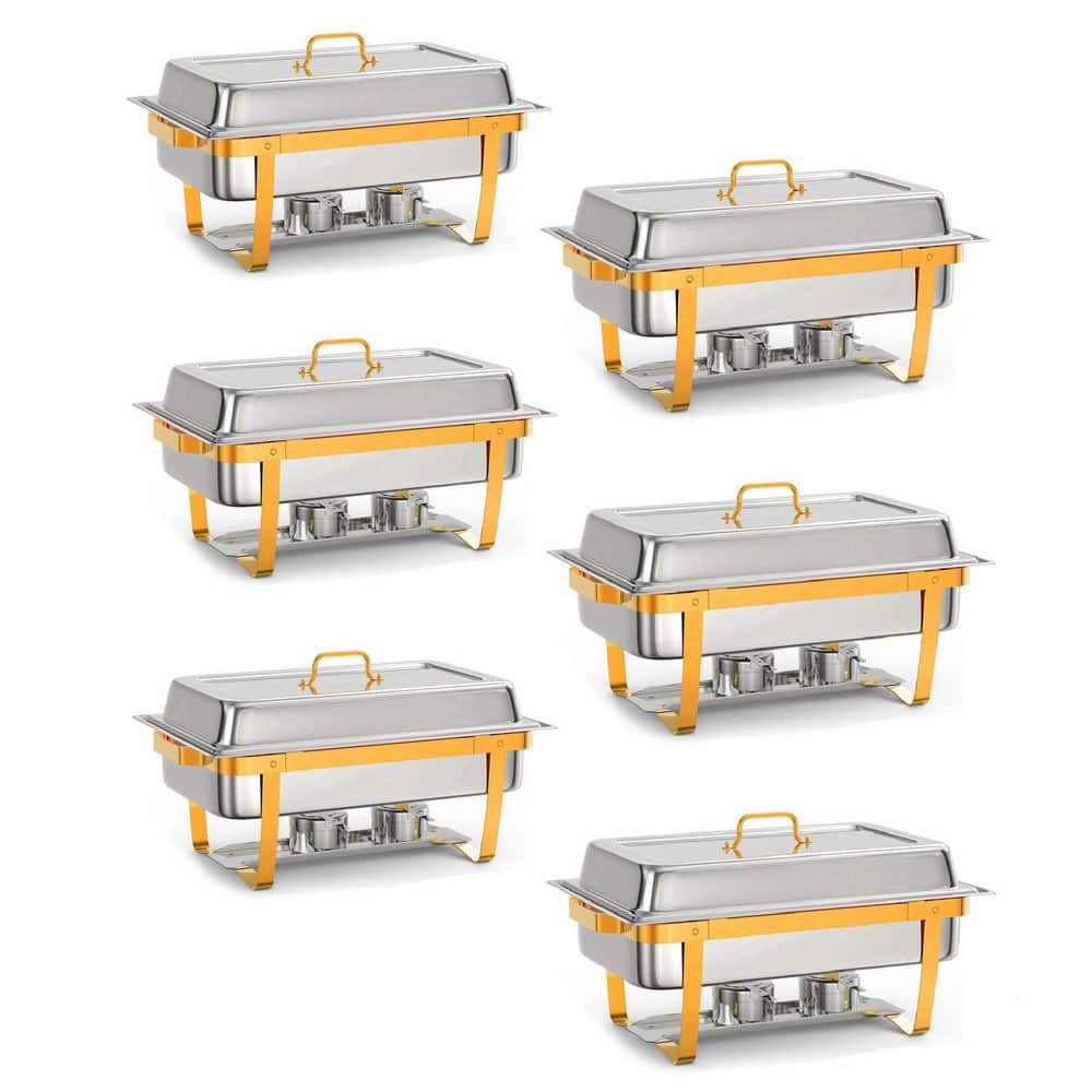 6 Pack 8 Qt. Stainless Steel Rectangular Chafing Dish Buffet Set with Full-Size Pan & Gold Stand