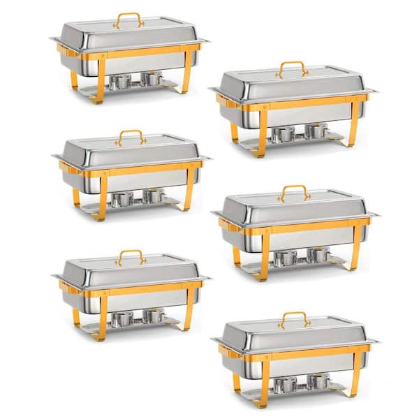6 Pack 8 Qt. Stainless Steel Rectangular Chafing Dish Buffet Set with Full-Size Pan & Gold Stand