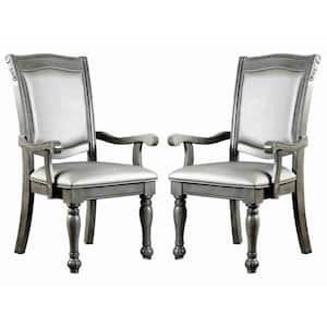 Gray Leather Arm Chair with Wooden Frame (Set of 2)