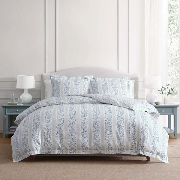 Verbena Stripe 3-Piece Blue Cotton Full/Queen Comforter Set