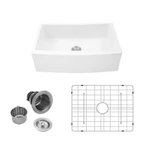 30 in. Farmhouse/Apron-Front Single Bowl White Kitchen Sink with Bottom Grid and Basket Strainer