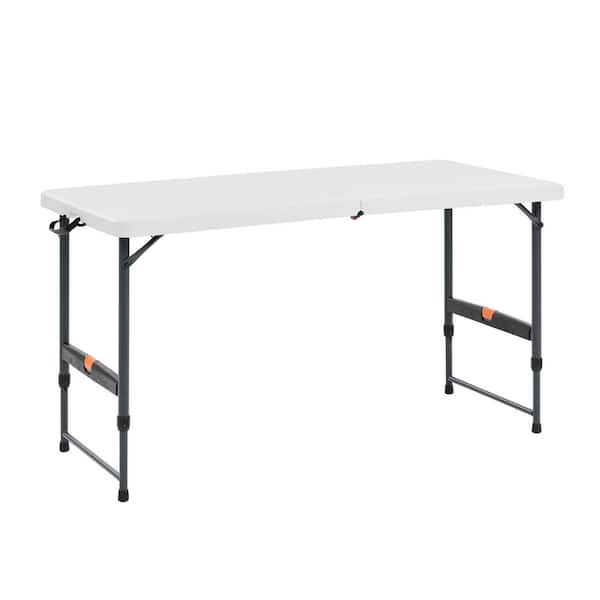 4 ft. Rectangle White Resin Top Single Hand Height Adjustable Folding Utility Table Seats 4